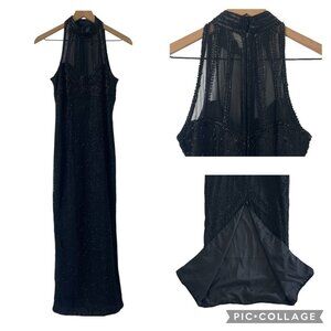 Laurence Kazar VTG Black Beaded Silk Evening Gown Dress Formal High Neck Size PS